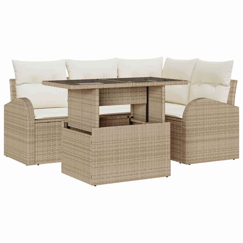 Garten-Sofa-Set mit Kissen mit Speicher 5 pcs Beige Poly Rattan